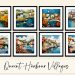 A grid of eight framed illustrations depicts vibrant harbour villages with colorful buildings, boats, and scenic water views. Each illustration showcases different angles and elements of the charming coastal scenery. The text below reads "Quaint Harbour Villages.