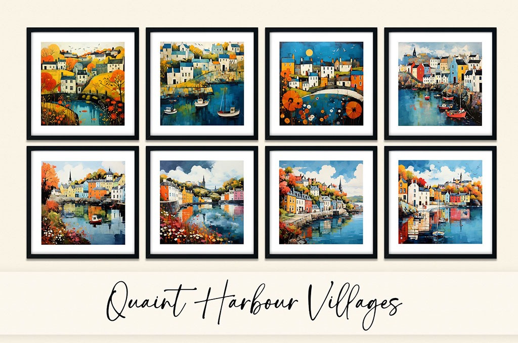 A grid of eight framed illustrations depicts vibrant harbour villages with colorful buildings, boats, and scenic water views. Each illustration showcases different angles and elements of the charming coastal scenery. The text below reads "Quaint Harbour Villages.