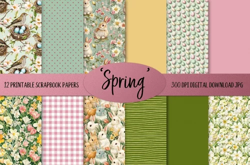 A collection of 12 printable scrapbook papers featuring spring-themed designs. Patterns include birds, flowers, bunnies, eggs, polka dots, stripes, and gingham in pastel and green tones.