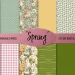 A collection of 12 printable scrapbook papers featuring spring-themed designs. Patterns include birds, flowers, bunnies, eggs, polka dots, stripes, and gingham in pastel and green tones.