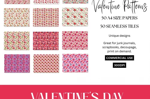 A grid showing 12 Valentine's Day-themed patterns featuring hearts, flowers, and romantic motifs. Text reads "50 Valentine Patterns" and describes the product as A4 size papers and tiles, suitable for crafts. Includes use information.