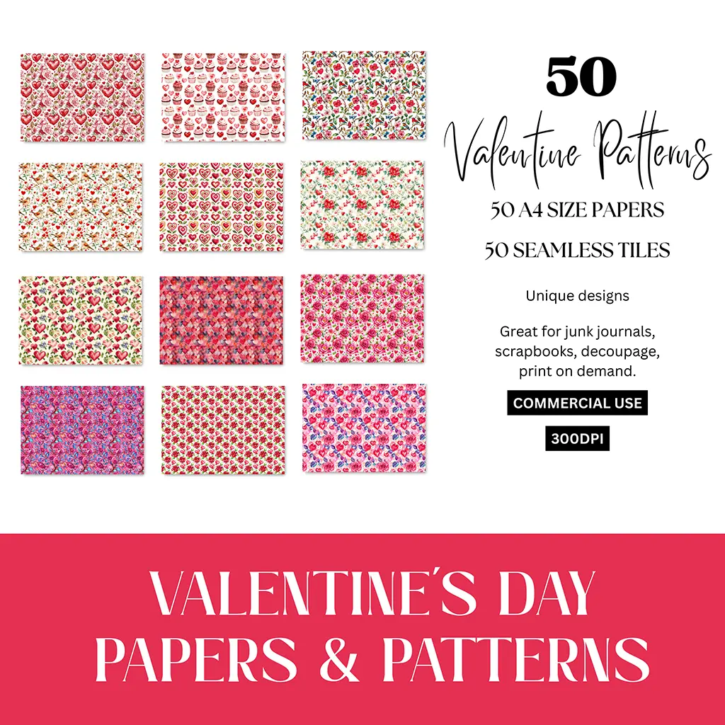 A grid showing 12 Valentine's Day-themed patterns featuring hearts, flowers, and romantic motifs. Text reads "50 Valentine Patterns" and describes the product as A4 size papers and tiles, suitable for crafts. Includes use information.