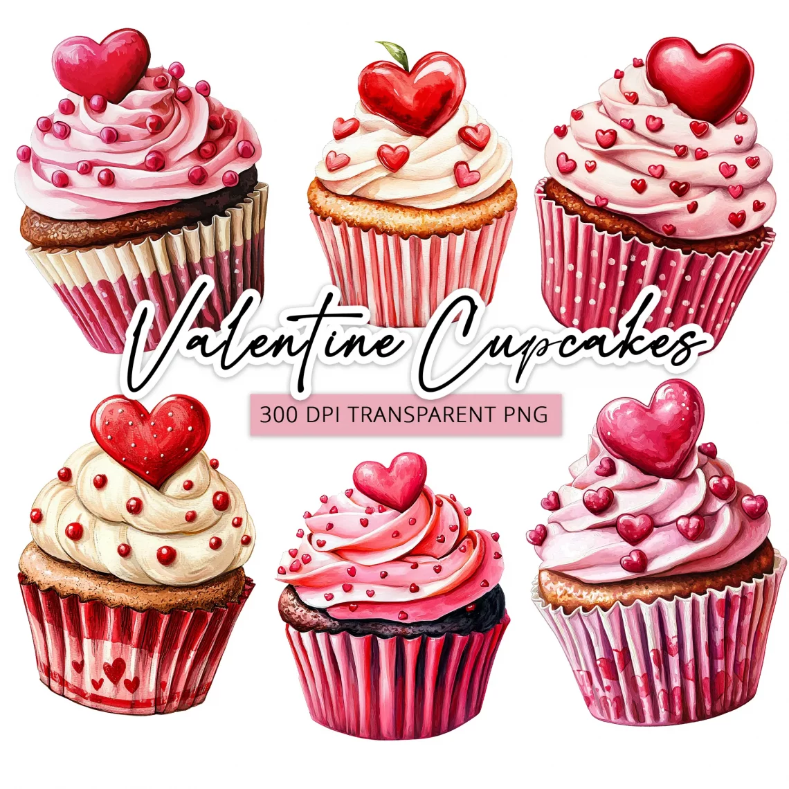 Six illustrated Valentine-themed cupcakes with hearts and pink decorations on top. Each cupcake has a different design, featuring swirls of frosting and sprinkles, with a caption in the middle saying "Valentine Cupcakes" and "300 DPI Transparent PNG" below.