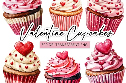 Six illustrated Valentine-themed cupcakes with hearts and pink decorations on top. Each cupcake has a different design, featuring swirls of frosting and sprinkles, with a caption in the middle saying "Valentine Cupcakes" and "300 DPI Transparent PNG" below.