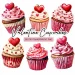 Six illustrated Valentine-themed cupcakes with hearts and pink decorations on top. Each cupcake has a different design, featuring swirls of frosting and sprinkles, with a caption in the middle saying "Valentine Cupcakes" and "300 DPI Transparent PNG" below.