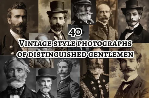 A collage of twelve sepia-toned vintage-style photographs features distinguished gentlemen with various styles of facial hair, including moustaches and beards. The text overlay reads, "40 Vintage style photographs of distinguished gentlemen.