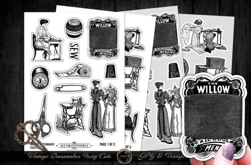 Vintage sewing-themed collage sheet featuring illustrations of scissors, women sewing, a vintage sewing machine, thread spools, and dress patterns. Includes labels like "The Willow" and decorative elements.