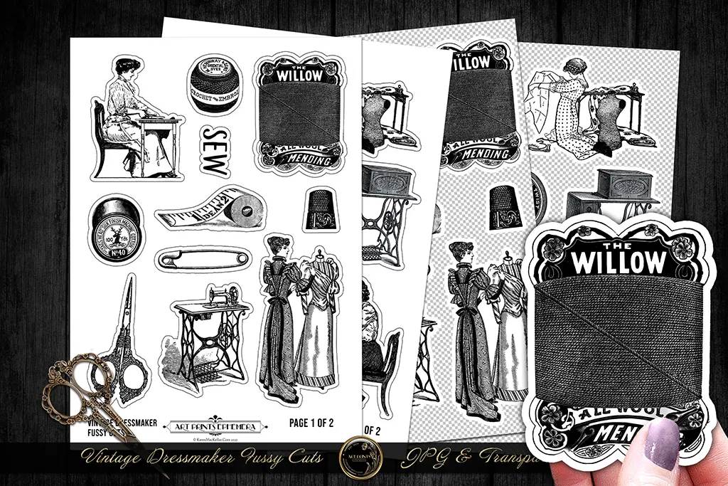 Vintage sewing-themed collage sheet featuring illustrations of scissors, women sewing, a vintage sewing machine, thread spools, and dress patterns. Includes labels like "The Willow" and decorative elements.