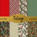 A collection of 12 printable craft papers in various designs and colors, featuring patterns with poinsettias, plaid, holly, and birds, labeled "Foliage." The designs include a mix of festive reds, greens, golds, and whites suitable for holiday crafting.