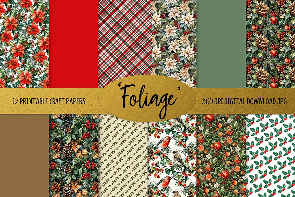 A collection of 12 printable craft papers in various designs and colors, featuring patterns with poinsettias, plaid, holly, and birds, labeled "Foliage." The designs include a mix of festive reds, greens, golds, and whites suitable for holiday crafting.