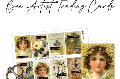 A set of artist trading cards featuring vintage-style illustrations of a young girl's face with flowers, bees, and inspirational words. One card is held in a hand. Scissors with an ornate handle lie nearby. Text at the top reads "Bee... Artist Trading Cards.