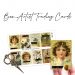 A set of artist trading cards featuring vintage-style illustrations of a young girl's face with flowers, bees, and inspirational words. One card is held in a hand. Scissors with an ornate handle lie nearby. Text at the top reads "Bee... Artist Trading Cards.