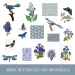 Illustration of various blue and teal birds, butterflies, and botanical elements arranged around patterned squares. Includes flowers, leaves, and text saying "Birds, Butterflies, and Botanicals" on a gray background at the bottom.