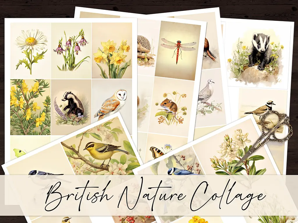 A collage showcasing British nature with illustrations of various animals, birds, and flowers, including a dragonfly, badger, owl, and daffodils. Vintage-style scissors rest on top of the papers. The text reads "British Nature Collage.