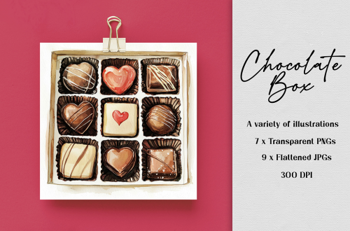 Illustrated chocolate box with nine assorted chocolates, each with unique designs, placed on a red surface. A paper clip holds the box. Text on the right reads, "Chocolate Box: A variety of illustrations, 7 x Transparent PNGs, 9 x Flattened JPGs, 300 DPI.