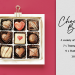 Illustrated chocolate box with nine assorted chocolates, each with unique designs, placed on a red surface. A paper clip holds the box. Text on the right reads, "Chocolate Box: A variety of illustrations, 7 x Transparent PNGs, 9 x Flattened JPGs, 300 DPI.