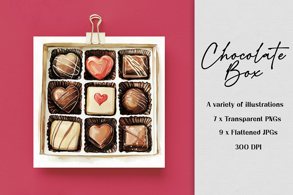 Illustrated chocolate box with nine assorted chocolates, each with unique designs, placed on a red surface. A paper clip holds the box. Text on the right reads, "Chocolate Box: A variety of illustrations, 7 x Transparent PNGs, 9 x Flattened JPGs, 300 DPI.