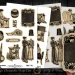 Vintage-themed dressmaking ephemera with illustrations of a sewing machine, scissors, dressmakers, a clock, buttons, and a thimble. Labeled "The Willow" and "All Wall Work." Includes a pair of vintage-style scissors.