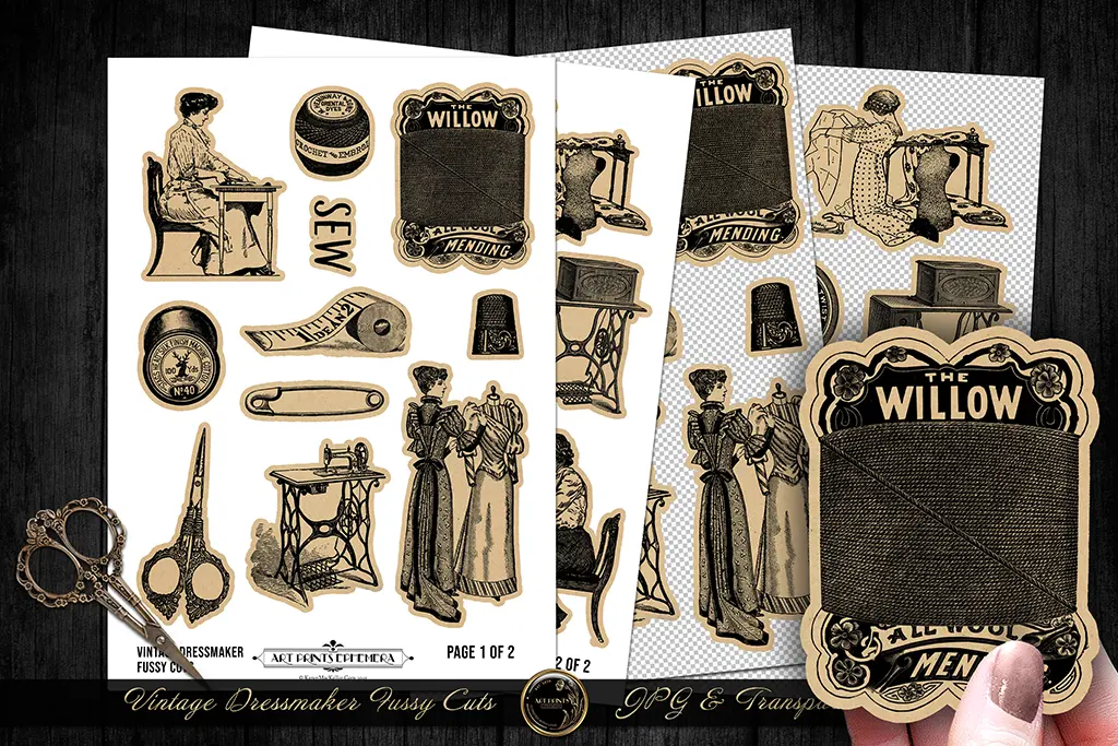 Vintage-themed dressmaking ephemera with illustrations of a sewing machine, scissors, dressmakers, a clock, buttons, and a thimble. Labeled "The Willow" and "All Wall Work." Includes a pair of vintage-style scissors.