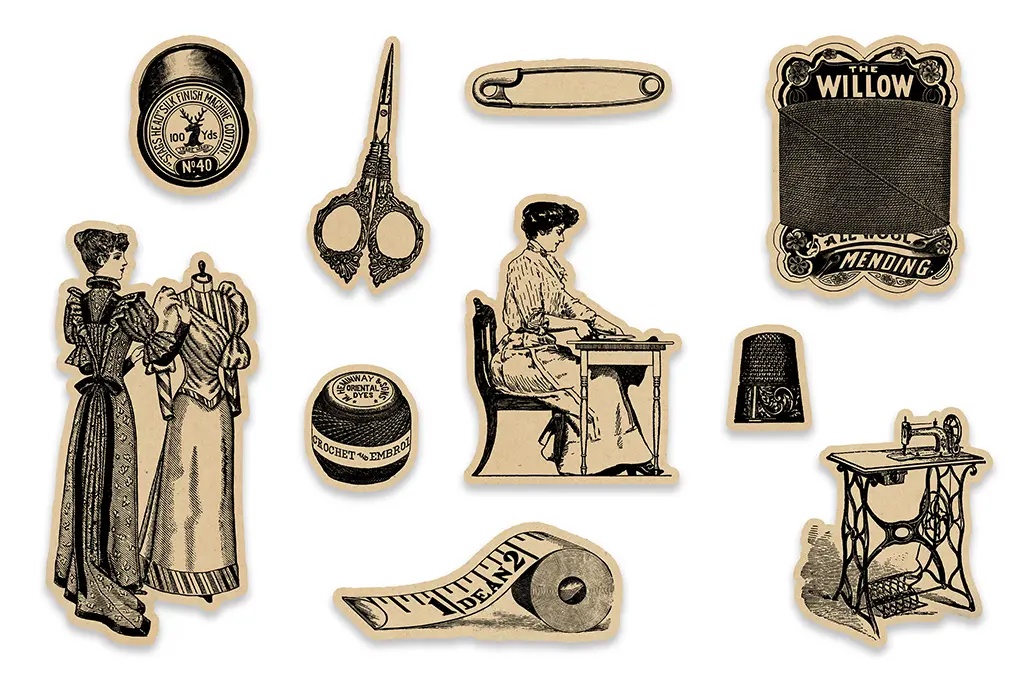 Vintage sewing-themed illustrations: a mannequin with a woman, scissors, a thimble, thread spools, a "Willow Mending" label, a woman at a sewing machine, a sewing machine, and a tape measure. Black and cream color scheme.