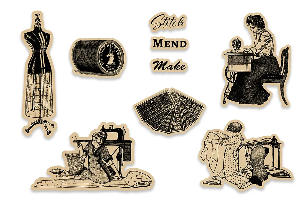 Vintage-style sewing illustrations including a dress form, spool of thread, "Stitch Mend Make" text, two women sewing, a thread card, and a woman at a sewing machine.
