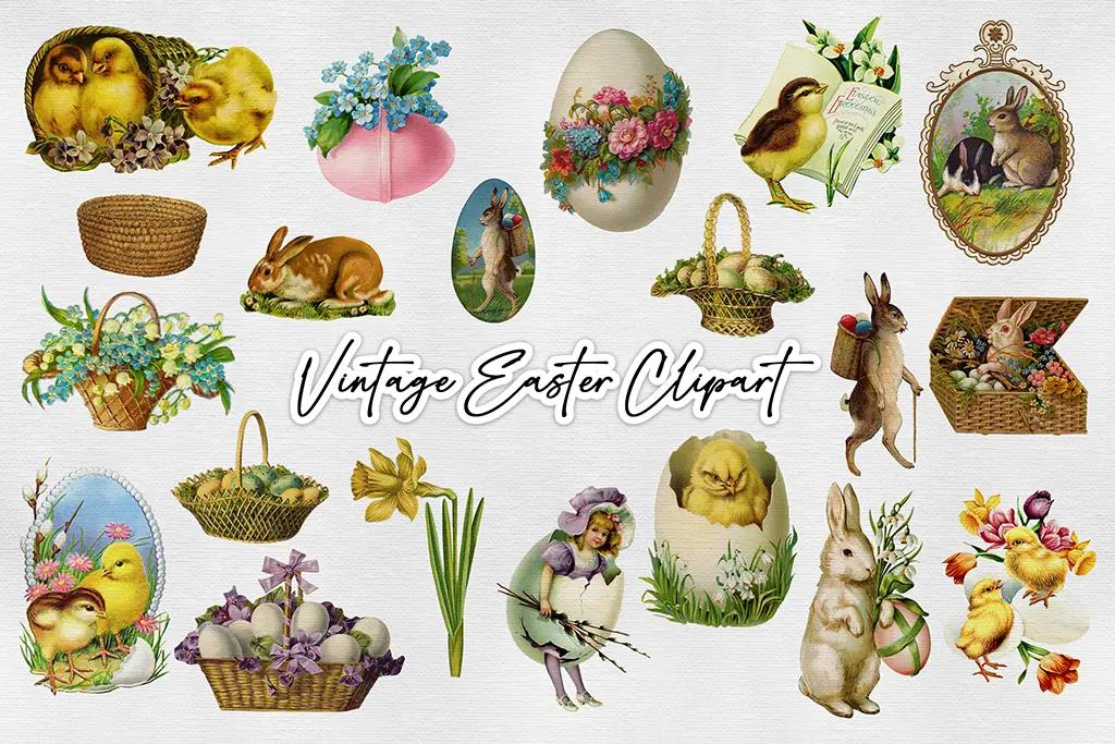 A collection of vintage Easter clipart featuring rabbits, chicks, decorated eggs, flowers, and baskets. There are various illustrations including a girl, daffodils, and Easter-themed items, all arranged on a light background.