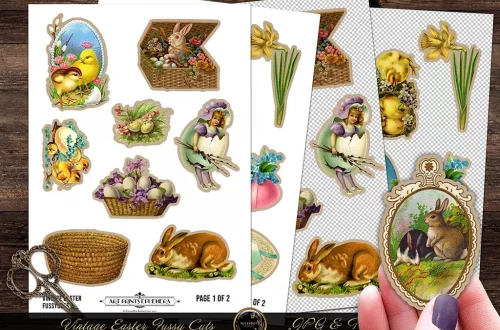 A collection of vintage Easter-themed cutouts featuring bunnies, chicks, eggs, and baskets filled with flowers. A person holds an oval cutout with two rabbits in a field. The designs are spread across two sheets.