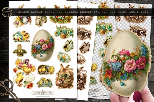 A hand holding a vintage Easter egg sticker adorned with flowers. In the background, three sheets of vintage Easter-themed stickers are visible, featuring bunnies, chicks, and floral designs. Scissors are placed on the wooden surface.