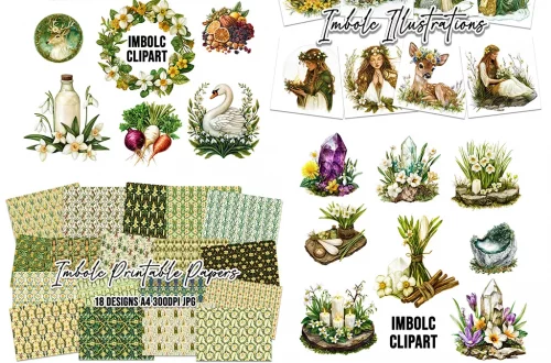 A creative kit for the Imbolc festival featuring clipart of plants, animals, and nature-themed illustrations. Includes diverse designs like sheep, swans, women in nature settings, and ornate printable papers with various patterns.