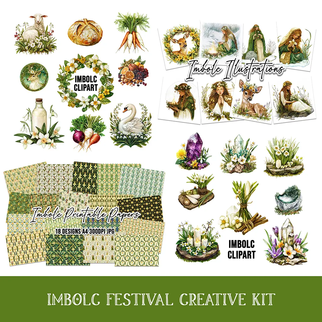 A creative kit for the Imbolc festival featuring clipart of plants, animals, and nature-themed illustrations. Includes diverse designs like sheep, swans, women in nature settings, and ornate printable papers with various patterns.