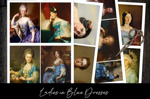 A collage of classical paintings featuring women in blue dresses. The images are arranged against a dark wooden background with a pair of ornate scissors placed on the right. A label reads "Ladies in Blue Dresses.