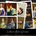 A collage of classical paintings featuring women in blue dresses. The images are arranged against a dark wooden background with a pair of ornate scissors placed on the right. A label reads "Ladies in Blue Dresses.