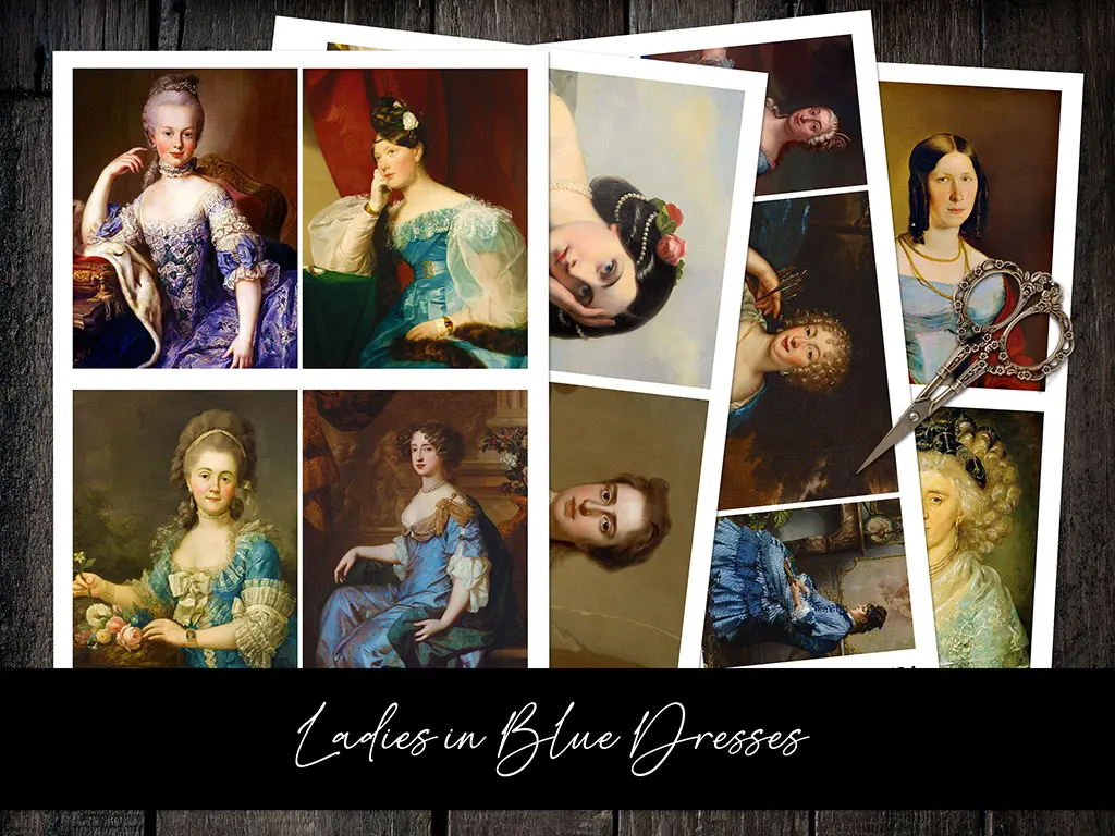 A collage of classical paintings featuring women in blue dresses. The images are arranged against a dark wooden background with a pair of ornate scissors placed on the right. A label reads "Ladies in Blue Dresses.