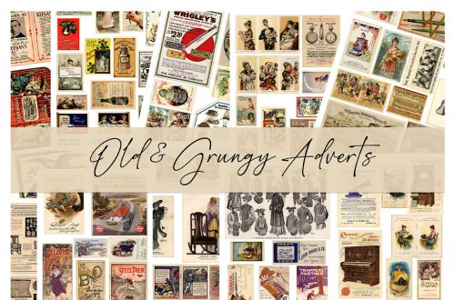 A collage of various vintage advertisements with a central banner reading "Old & Grungy Adverts" in cursive font. The adverts feature retro designs, including products, fashion, and bicycles, set against a cream background.
