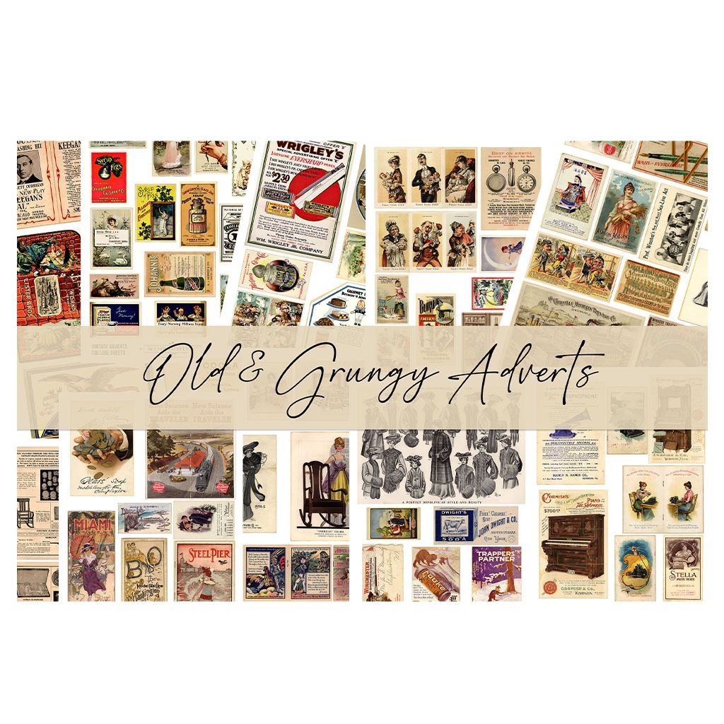 A collage of various vintage advertisements with a central banner reading "Old & Grungy Adverts" in cursive font. The adverts feature retro designs, including products, fashion, and bicycles, set against a cream background.