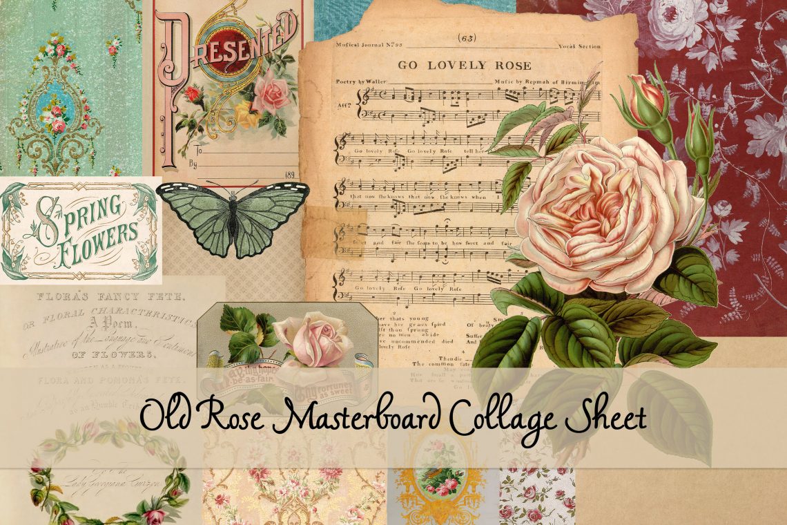 A vintage collage featuring roses, floral patterns, sheet music, and decorative text seamlessly blended with various textures and colors. "Old Rose Collage Masterboard Sheet" is elegantly inscribed at the bottom, capturing a timeless artistic essence.