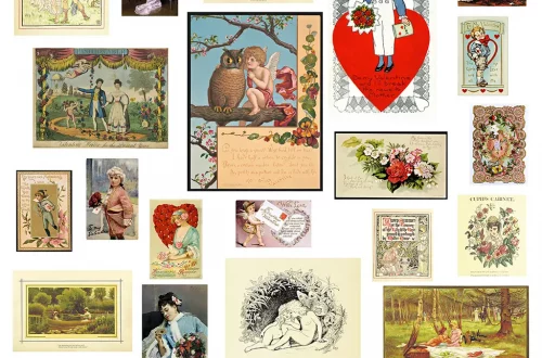 A collage of vintage Valentine's Day cards featuring romantic scenes, floral designs, and illustrations of couples. Some cards have poems and greetings. The bottom has a red banner with the text "Valentine's Day Ephemera.