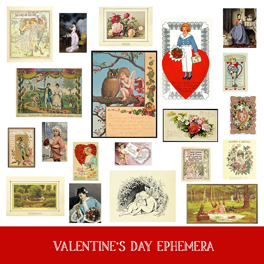 A collage of vintage Valentine's Day cards featuring romantic scenes, floral designs, and illustrations of couples. Some cards have poems and greetings. The bottom has a red banner with the text "Valentine's Day Ephemera.