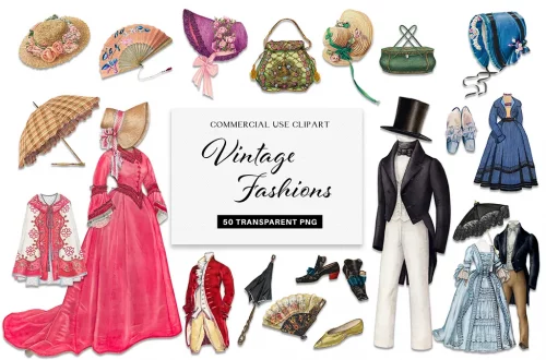 A collection of vintage fashion illustrations featuring hats, fans, bags, parasols, and various outfits. Items include a pink dress, blue coat, top hat, and shoes. The center text reads "Commercial Use Clipart: Vintage Fashions, 50 Transparent PNG.