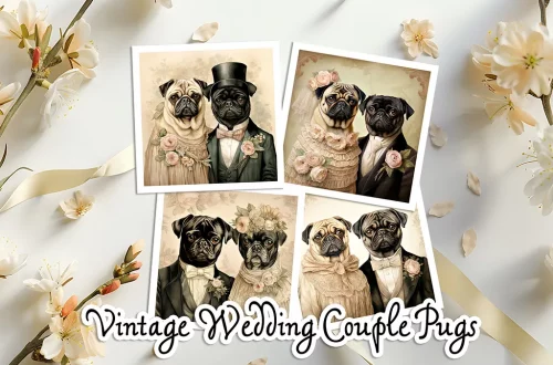 A collage of images features pugs dressed in vintage wedding attire. The dogs, appearing as couples, wear elegant gowns, top hats, and bow ties. The background includes flowers and ribbons, and a caption reads "Vintage Wedding Couple Pugs.