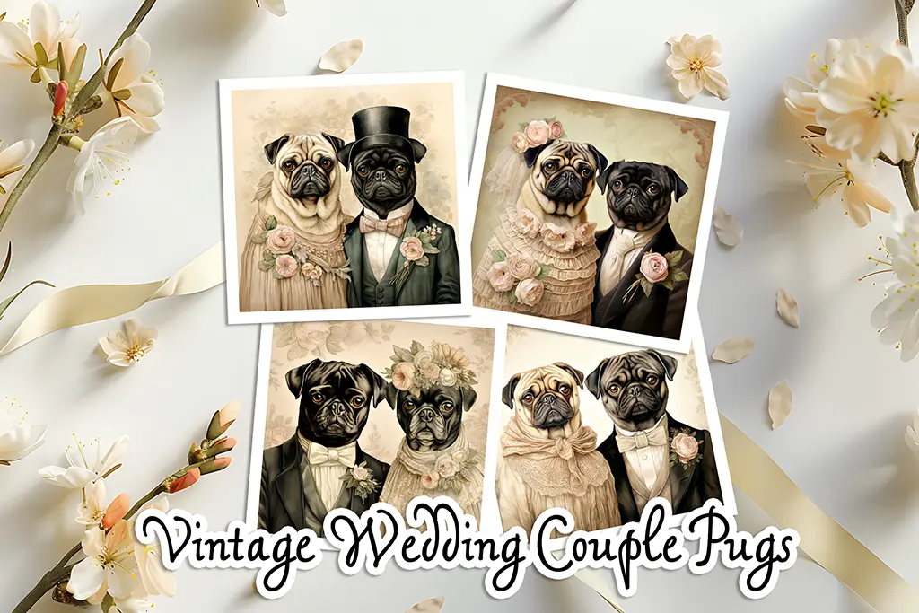 A collage of images features pugs dressed in vintage wedding attire. The dogs, appearing as couples, wear elegant gowns, top hats, and bow ties. The background includes flowers and ribbons, and a caption reads "Vintage Wedding Couple Pugs.