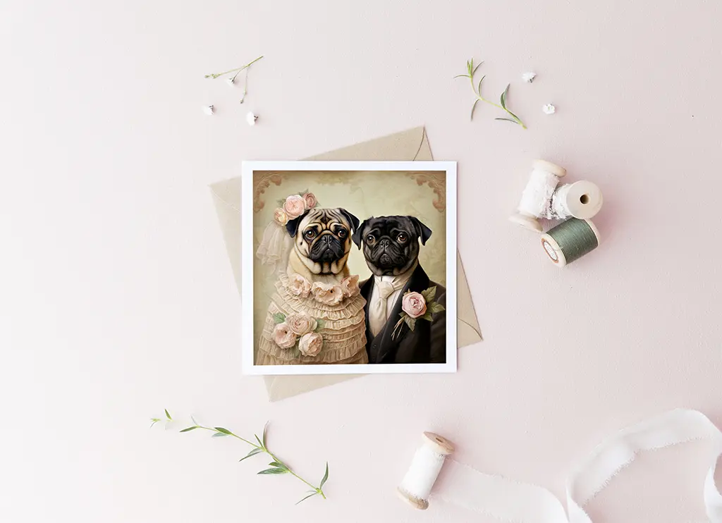 A photo of two pugs dressed in Victorian-style formal attire lies on a beige surface. The pug on the left wears a lacy dress with a flower, while the one on the right is in a suit and tie. Surrounding the photo are spools of thread, greenery, and small white flowers.