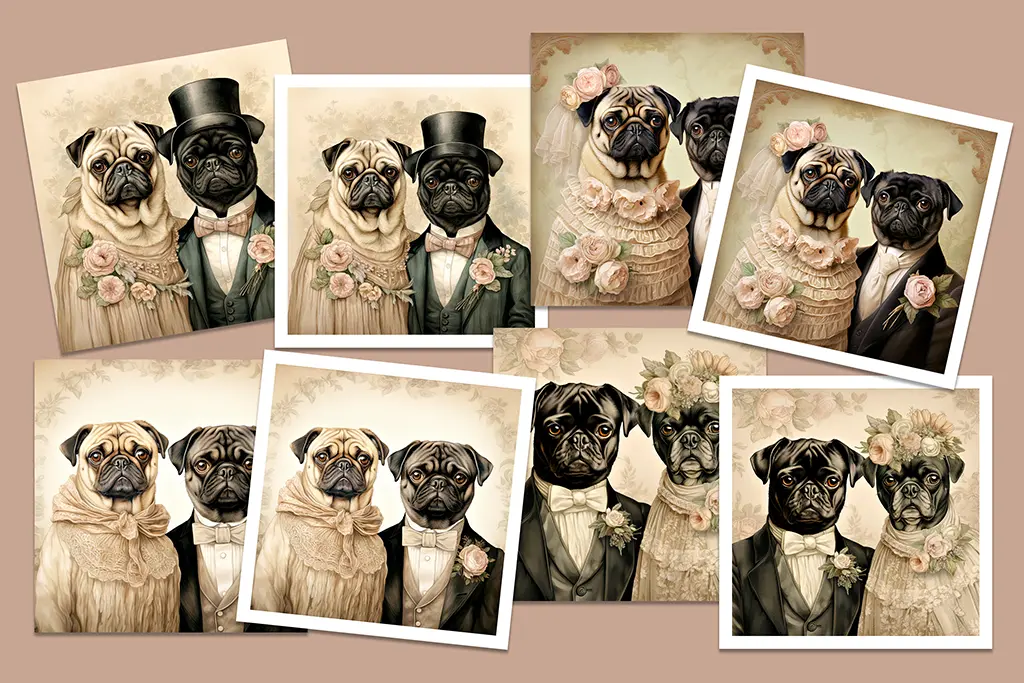 A collage of vintage-style portraits features pugs dressed in 19th-century attire. Some pugs wear formal suits and top hats, while others are in ornate dresses with lace and floral accessories. The background is sepia-toned with a delicate floral pattern.