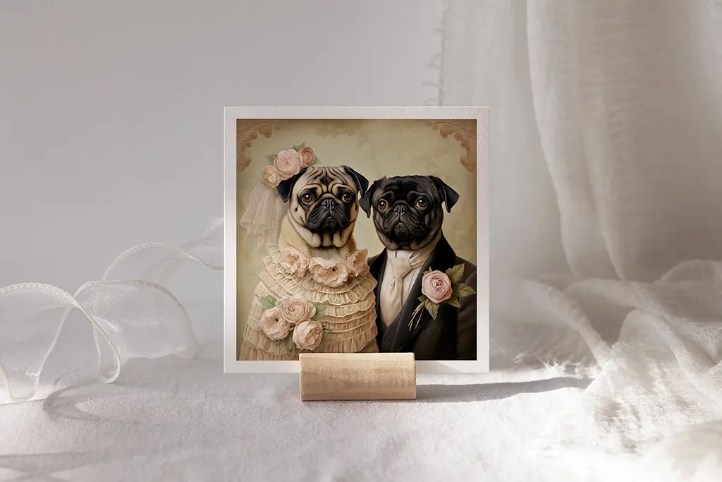 A photograph of a framed picture resting on a white surface, featuring two pugs dressed in wedding attire. One pug is wearing a lace dress adorned with flowers, while the other pug is dressed in a suit and bowtie. The frame is propped up by a wooden stand.